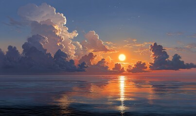 Dramatic sunset over calm ocean, featuring large clouds reflecting in the water