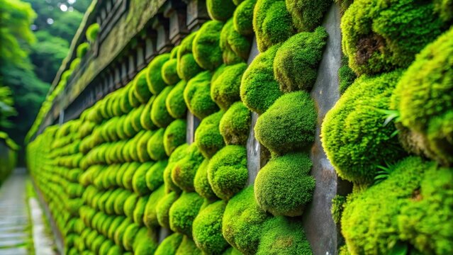 Fototapeta Lush green moss growing on a smooth inner wall with intricate patterns and subtle texture, wall decoration, organic texture