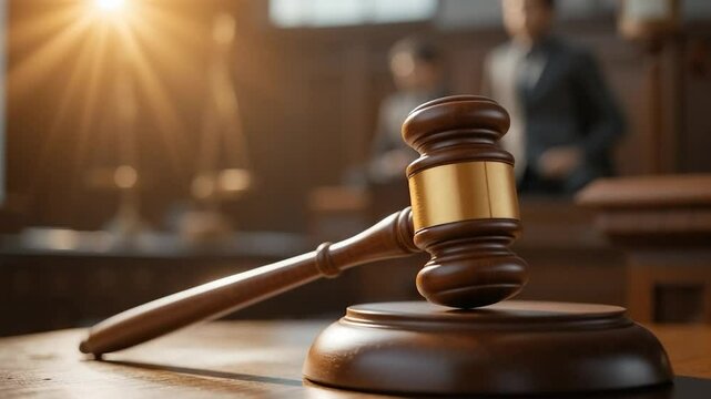 Gavel in courtroom justice system legal concept authority decisions lawsuit symbol wooden gavel justice theme formal interior judicial background