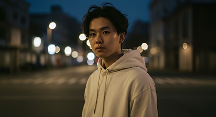 アジア系の顔立ちをした20代の若者、柔らかくゆったりとしたオフホワイトのパーカー