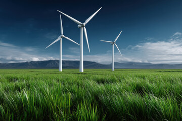 Wind turbines in green field under blue sky with mountain background, clean energy concept with fresh and vibrant atmosphere