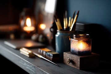 Artist Workspace with Glowing Candle, Brushes, and Watercolor Paints