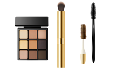 Black and gold luxury mascara tube, eye cream jar, and brush isolated on a transparent background. Cutout PNG file with a white stroke effect for beauty product advertisin