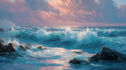 A serene seascape featuring crashing waves against rocky cliffs under a vibrant sky filled with fluffy clouds, illuminated by the warm light of a setting sun. The water displays a stunning range of tu