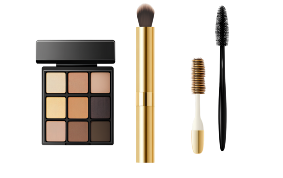 Black and gold luxury mascara tube, eye cream jar, and brush isolated on a transparent background. Cutout PNG file with a white stroke effect for beauty product advertisin