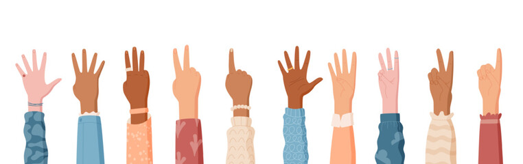 Cartoon hand count gestures set in flat style. Clothed hands use fingers to count and show numbers. People express with palm and arm in isolated layout. Great for math educational materials.