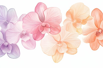 Colorful orchid blossoms in a horizontal display.