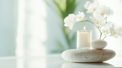 A candle is lit on a rock, surrounded by a vase of white flowers