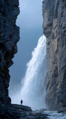 Dramatic waterfall cascading between towering rock formations, person in foreground, possible use for nature photography