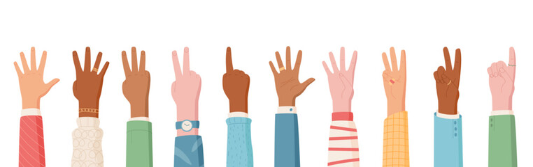 Cartoon hands in a flat style show finger counts from zero to five set. Illustrating people with diverse gestures and sleeves, this isolated set provides educational elements for visual aids.