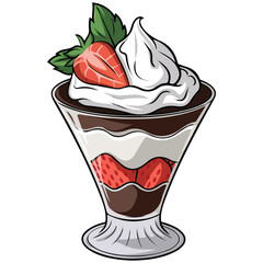 Creamy chocolate parfait with strawberries in glass isolated vector illustration on white background