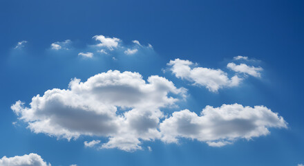 Fototapeta premium Blue Sky with Puffy Clouds: A serene image of fluffy cumulus clouds scattered across a vibrant blue sky, sunlight filtering through.