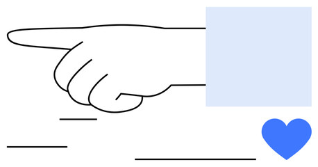 Outstretched hand gesture directs attention next to blue heart with minimal lines and abstract shapes. Ideal for trust, direction, social media engagement, navigation, care, choice, modern flat