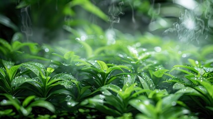 Lush Greenery, A Close-Up View of Vibrant Plants with Water Vapor