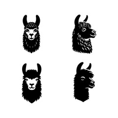 Llama Face Silhouette Vector Set &ndash; Detailed Portrait of a Friendly Camelid for Wildlife, Nature, and Animal-Themed Design Projects

