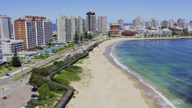 Aerial view of the beautiful Punta del Este beachfront in Uruguay on a sunny day