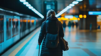 Elderly woman waiting for subway train in modern underground station at night