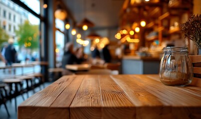 Empty wooden cafe table, blurred background of customers and interior, daytime.  Possible use stock photo for restaurant advertising, cafes, empty table