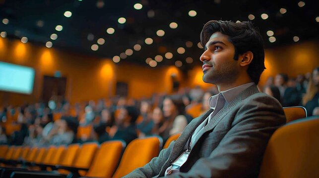Indian American CEO his 50s attending a seminar medium shot 85mm f14 GM