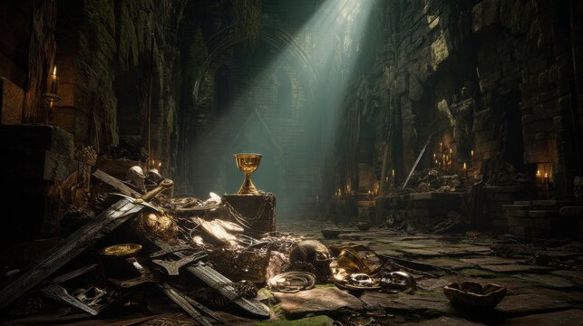 Underground, a forgotten chamber containing the Holy Grail, surrounded by rotten treasures, spider webs, and bones. The Holy Grail radiates a holy light that contrasts with the ruins of history.