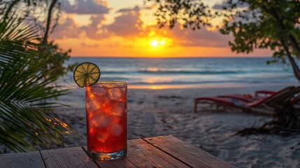 Drink by a sandy beach at sunset, cool waves
