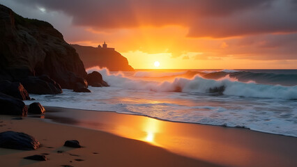 Dynamic coastal sunset with golden waves, glowing cliffs, and a radiant sky—perfect for adventurous, nature-inspired wallpapers.