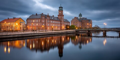 European city waterfront at twilight, illuminated buildings reflected in still water, possible use for travel brochure or tourism website