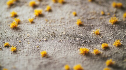 Close-up of a textured fabric surface adorned with small clusters of bright yellow particles, creating a visually striking contrast against the muted grey backdrop. The arrangement of the yellow eleme
