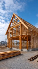 Exterior of a house under construction, wooden frame, sunny day, suburban location, for use in construction or real estate articles