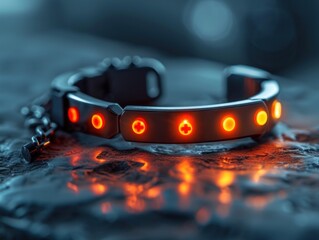 Modern Medical Alert Bracelet with Glowing Indicators and Emergency Symbol Emitting a Sense of Security and Technological Advancement
