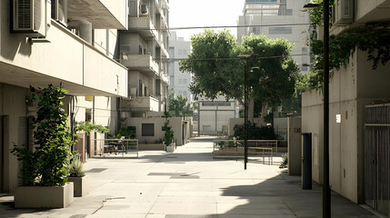 Empty City Street With Beige Buildings And Green Trees