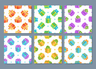 Cartoon gift box seamless pattern set in a flat style. Present packages with colorful ribbon and bow enhance holiday cheer. Ideal for birthday surprise visuals.