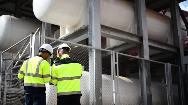 Inspectors and expert engineers are jointly inspecting the operation of the oil refining pipeline.