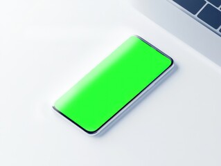Smartphone with Green Screen Display on Laptop for App Presentation