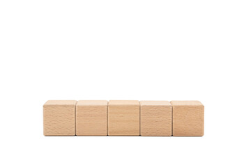 Five blank wooden blocks isolated on white background. Empty wooden cubes for text. Copy space and clipping path.