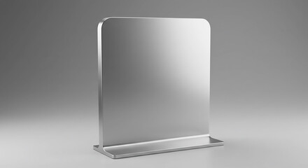 A metal sign holder with rounded corners on a gray background in a studio setting with soft lighting