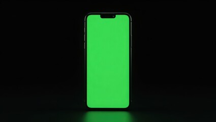 A high-resolution image of a modern smartphone standing upright against a solid black background. The phone screen displays a vivid, uniform green chroma key (green screen) with no blur or distortion.
