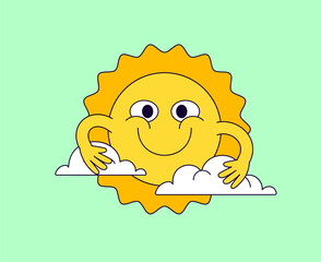 Smiling Cartoon Sun Hugging Clouds Cartoon Hand drawn