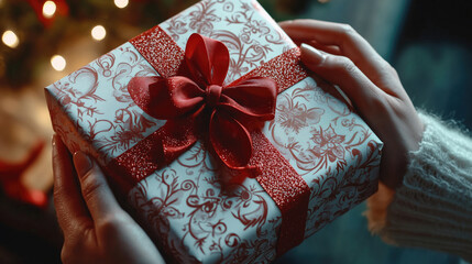 Hands holding a beautifully wrapped Christmas gift.  A festive gift box, adorned with a red ribbon and bow, is held gently by two hands