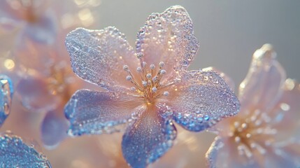 Fototapeta premium Close-up view of delicate cherry blossom flowers adorned with glistening droplets of water, showcasing intricate petal details and soft hues of pink and blue, captured in a serene, softly blurred back