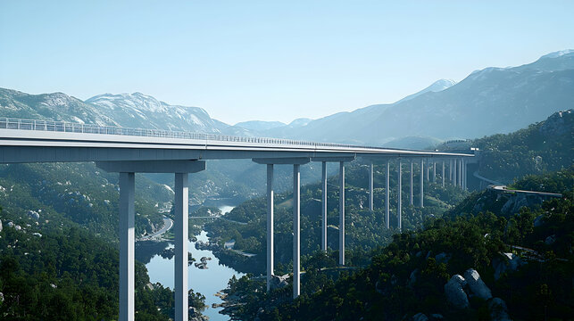Highway Bridge Over Valley With Mountains And Trees