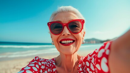 Happy older woman taking a selfie on the beach
