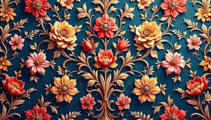 Elegant floral damask textile, intricate design, art, background texture