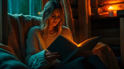 Girl reading a book inside a cozy cabin next to a candle.