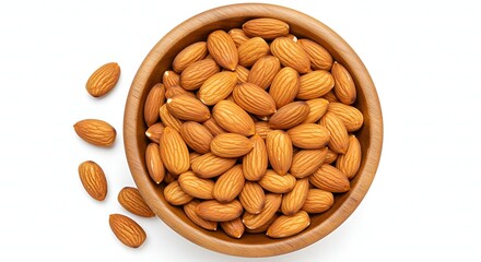 Top view of raw almonds in wooden bowl on white background