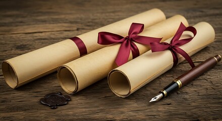 Rolled Paper Documents with Pen and Wax Seal on Wooden Surface