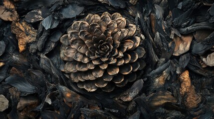 A close-up view of a pine cone intricately placed in the center of a dark, textured background composed of charred wood pieces and bark, creating a striking contrast between the natural colors of the 