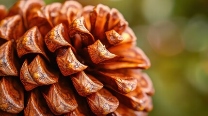 Close-up view of a pine cone showcasing intricate details of its scales, with a rich brown hue and a blurred green background that adds depth to the composition.