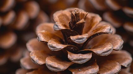 Close-up view of a pine cone with detailed textures and rich brown hues, emphasizing the natural beauty and intricate patterns found in its scales, set against a blurred background that enhances the f