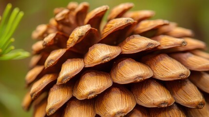 Close-up view of a pine cone, showcasing intricate details of the individual scales with a rich brown hue, surrounded by soft green foliage, emphasizing nature's textures and colors.
